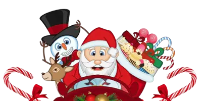 Santa and a snowman in a car